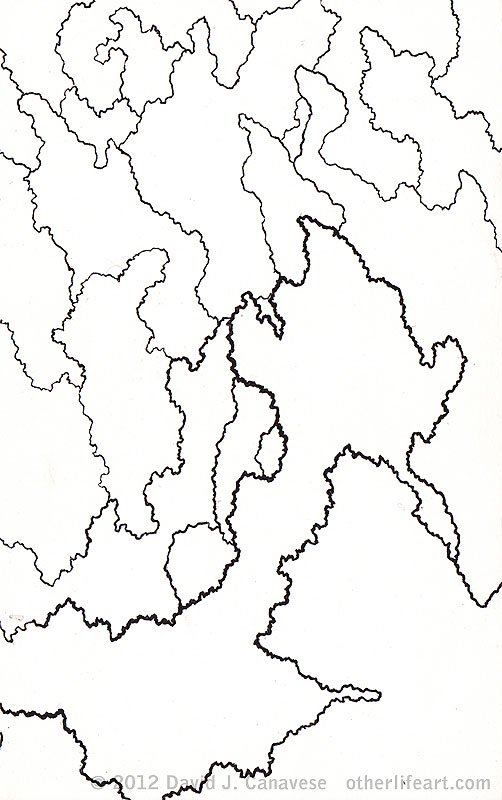 Squiggles and lines seem to follow a primarily vertical grain, forming into various shapes: hand-like, bird-like, snake-like. Heavier lines on a shape at center and lower left suggest an object in front of the others, partly blocking them.